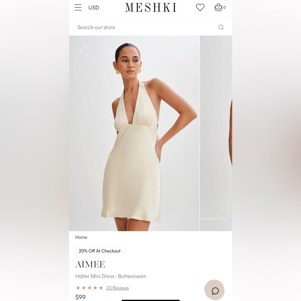 MESHKI Aimee Halter Mini Dress Buttercream Size Small (still has tag, worn once)